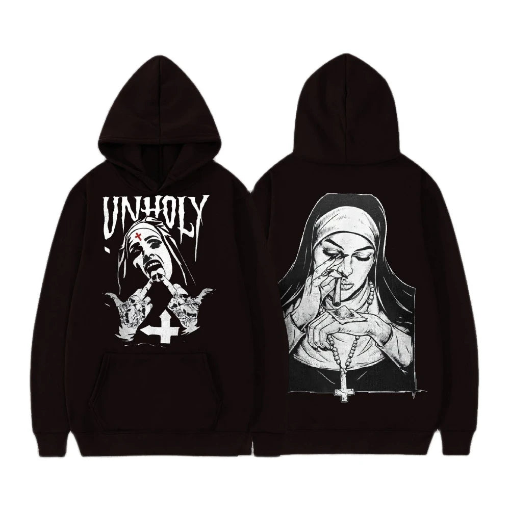 Men Nun Print Fleece Hoodie Harajuku Streetwear