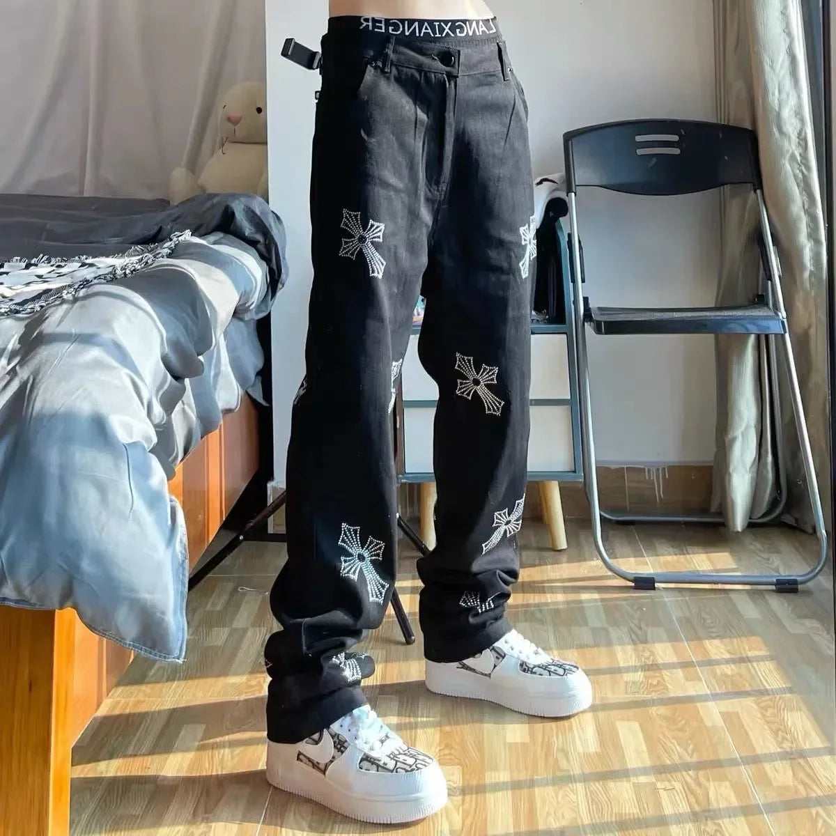 New Rhinestones Cross Print Baggy Jeans