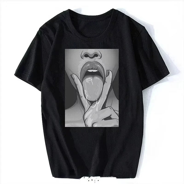 Edgy Graphic Tee Unisex Punk Gothic Tongue Print Streetwear Shirt