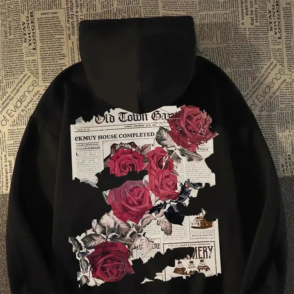 Women’s Retro Rose Print Cotton Hoodie Streetwear Sweatshirt