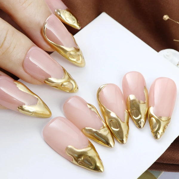 10pcs Gold Metallic 3D Press-On Almond Fake Nails