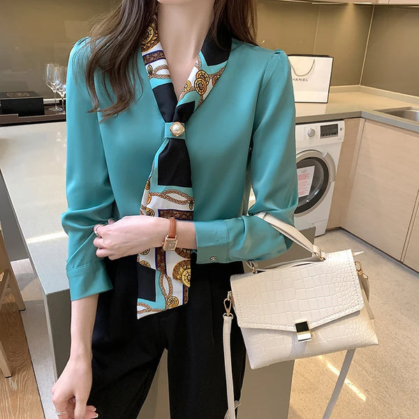 Chiffon Bow Blouse Women Long Sleeve Office Korean OL Shirt