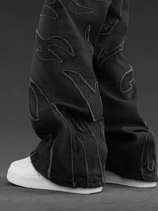 Mens Wide Leg Jeans Flame Embroidered Graffiti Vintage Denim