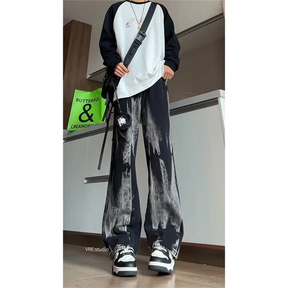 Men Tie Dye Straight Leg Jeans Retro Slim Fit Casual Pants