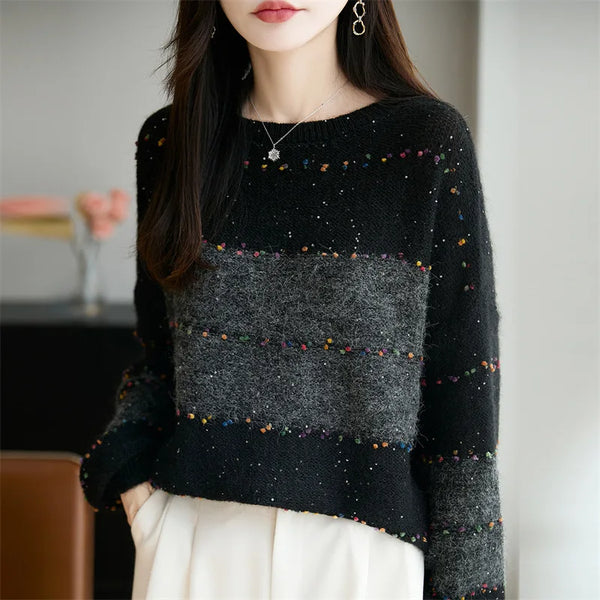 Plus Size Sequin Sweater Womens Color Block Stripe Knit Pullover