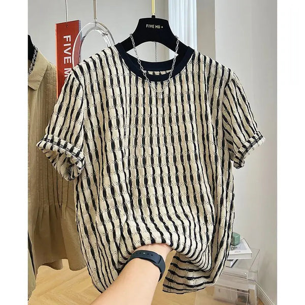 Mens Mesh Stripe Tshirt Cutout Design Short Sleeve Streetwear
