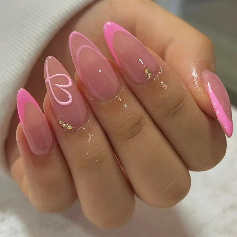 Pink Almond Fake Nails French Tip Love Heart Now