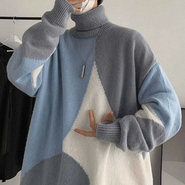 Mens Harajuku Patchwork Turtleneck Oversized Knit Sweater Streetwear