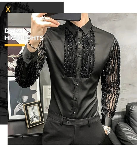 Mens Lace Hollow Shirt Long Sleeve Party Nightclub Stage Wear