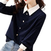 Womens Polo Collar Blouse Long Sleeve Button Patchwork Casual Top Slim