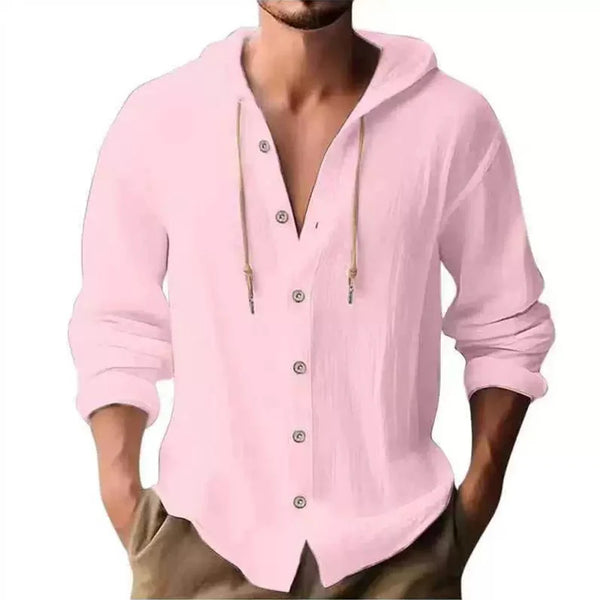 Men's Linen Hooded Shirt - Long Sleeve Button Cardigan Casual