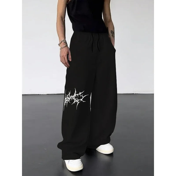 Mens Black Gothic Joggers Text Print Drawstring Sweatpants Streetwear