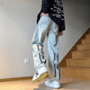 Mens Korean Streetwear Wide Leg Jeans Loose Denim Pants