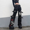 Gothic Wide Leg Jeans Women Low Rise Washed Print