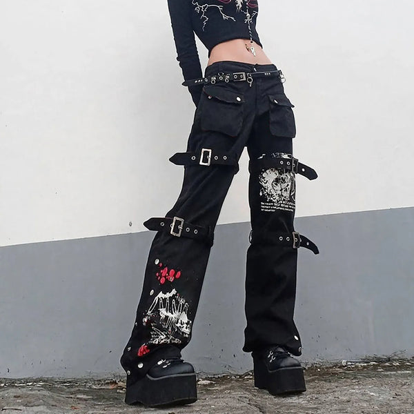 Gothic Wide Leg Jeans Women Low Rise Washed Print