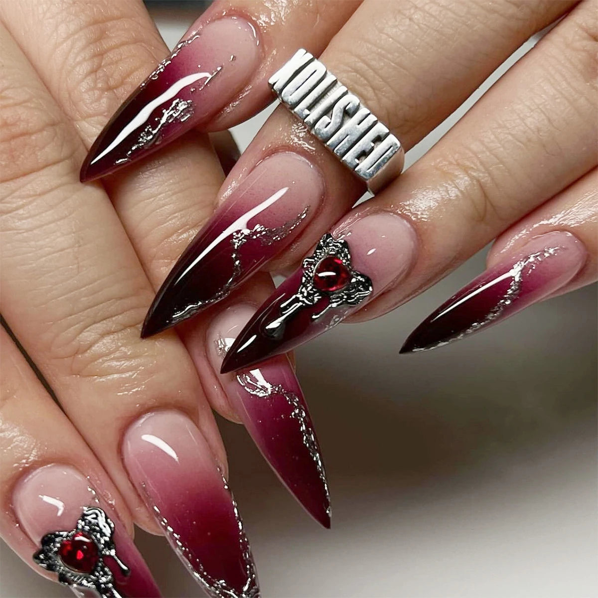 24pcs Red Black Gradient Coffin Press-On Nails