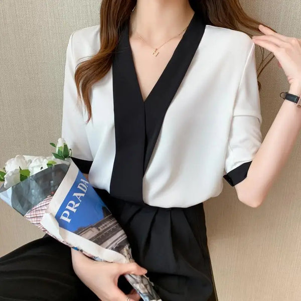V Neck Contrast Color Blouse Women Short Sleeve Chiffon Office Top