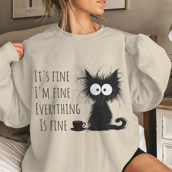 Funny Black Cat Hoodie ‘It’s Fine I’m Fine’ Kawaii Sweatshirt for Women