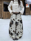 Cow Print Barrel Jeans Women Fleece Lined Wide Leg Low Rise Pants