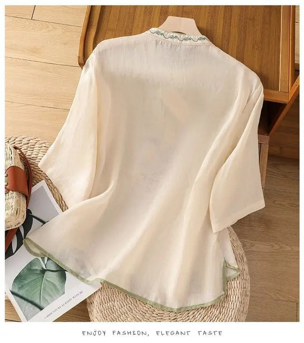 Womens Vintage Embroidered Top Cotton Linen Loose Summer Shirt