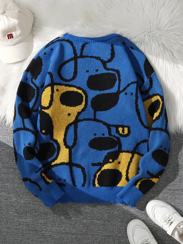 Mens Dog Print Sweater Crew Neck Double Sided Knit Pullover Casual