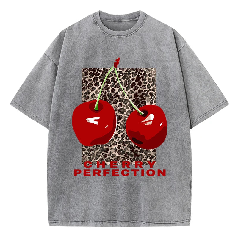 Cherry perfection Washed T Shirt Women Cotton Leopard Prints Oversize