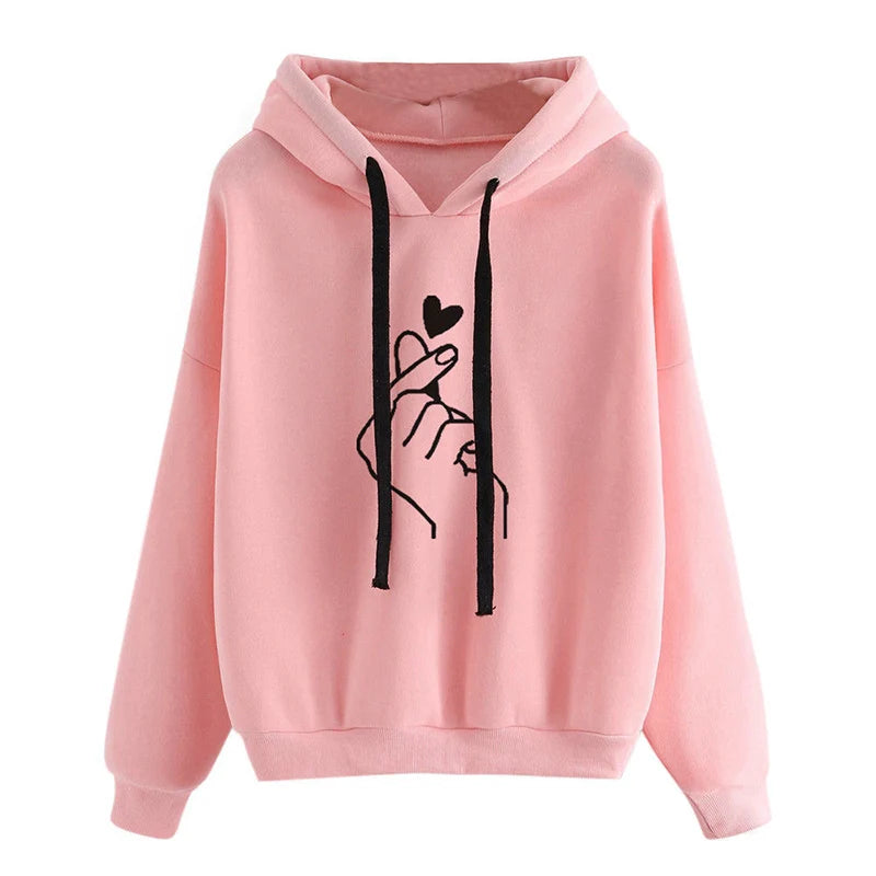 Women's Korean Finger Heart Fleece Hoodie Solid Color Loose Top