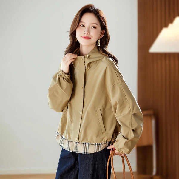 Womens Cropped Hooded Jacket Cotton Blend Loose Casual Spring Top