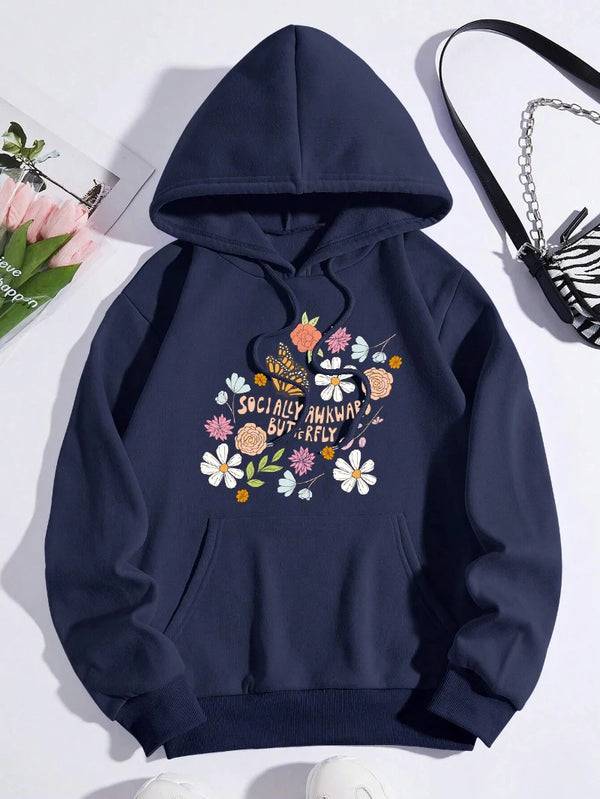 Flowers And Butterflies Hoodie Women Plants Prints Pocket Loose Pullover
