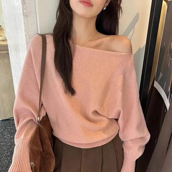 Womens One Shoulder Knit Sweater Lantern Sleeve Oversized Fit Top