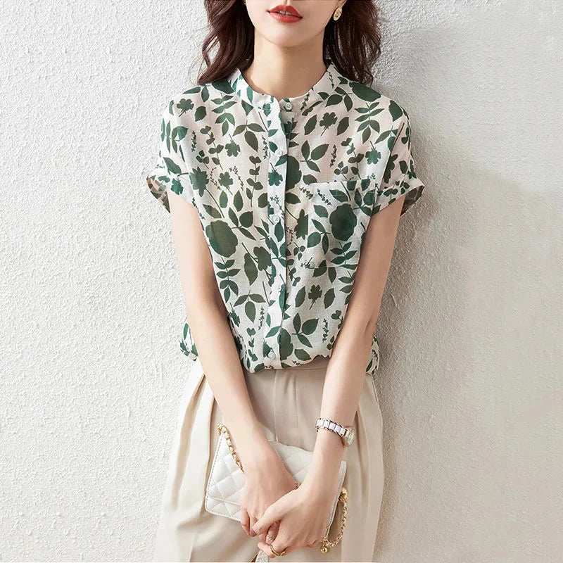 Women Summer Style Blouses Tops Lady Casual Short Sleeve Flower Print