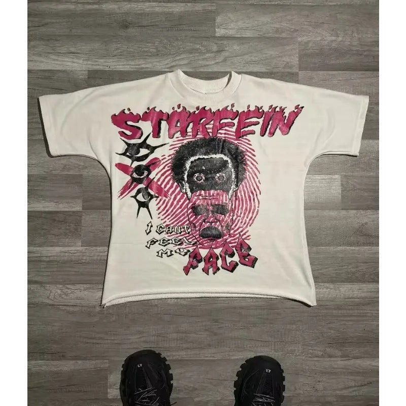 American Gothic Cartoon Alphabet Print Oversized T-shirt Men Street