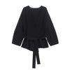 Women's Knit Blazer - Shoulder Pad Belted V-Neck Jacket