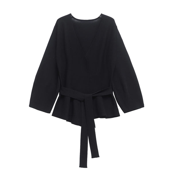 Women's Knit Blazer - Shoulder Pad Belted V-Neck Jacket