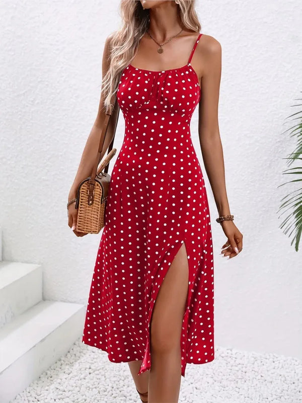 Summer Spaghetti Straps Polka Dot Slit Dress Women Boho Midi