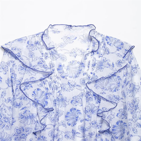 Blue White Floral Blouse Women Ruffled Long Sleeve Elegant Top
