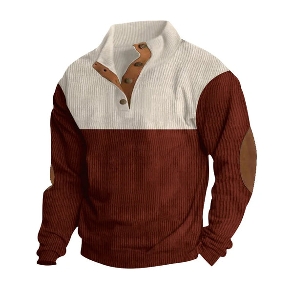 Men's Corduroy Sweatshirt - Stand Collar Color Block Button Up