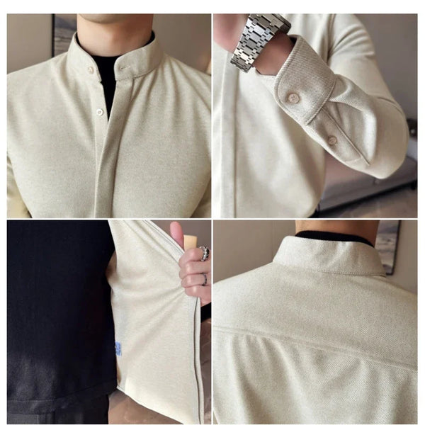 Mens Layered Look Sweater Shirt Mock Neck Brown Slim Fit Top