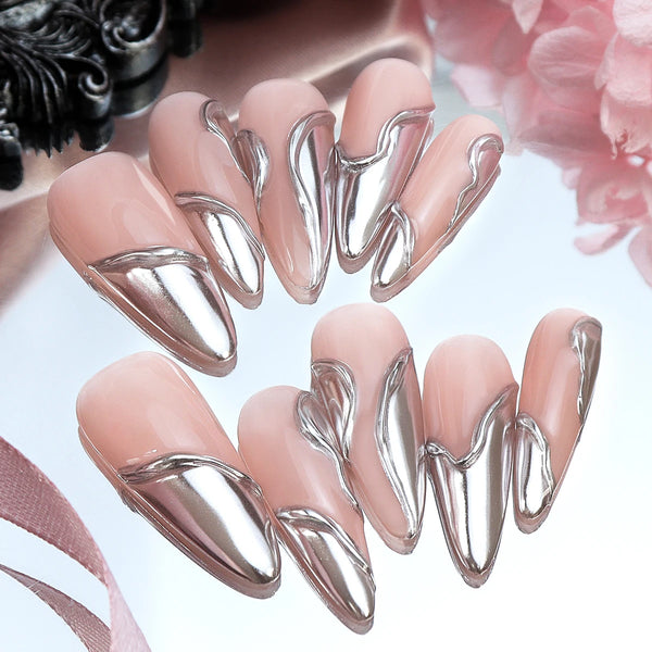 10pcs Gold Metallic 3D Press-On Almond Fake Nails