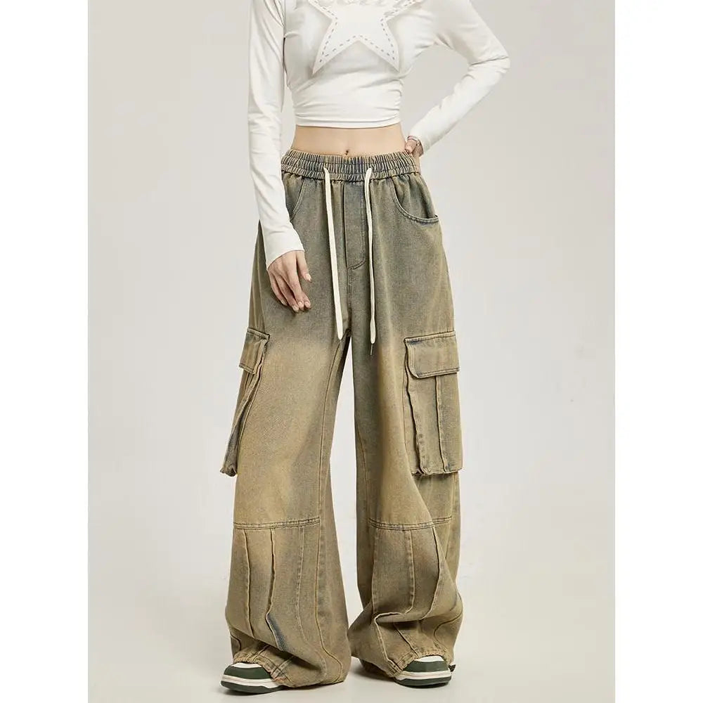 Women's Multi-Pocket Straight Leg Jeans Retro Loose Casual Pants