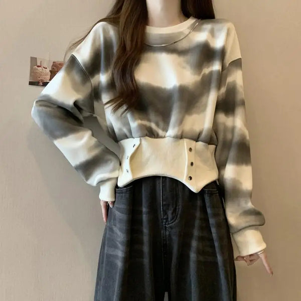 Tie Dye Sweatshirt Women Cropped Hoodless Retro Irregular Hem
