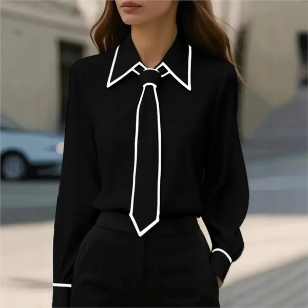 Bow Tie Blouse Women Long Sleeve Office Contrast Trim Work Shirt