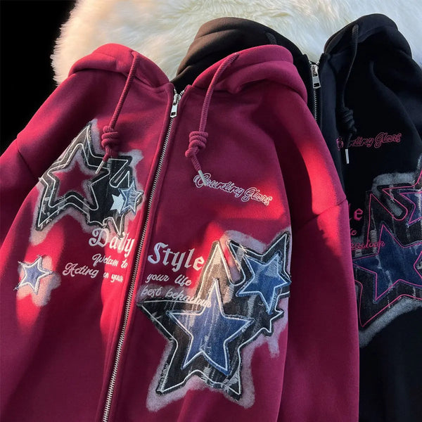 Star print vintage hoodies loose high street oversize sweatshirts trendy cool y2k cardigan