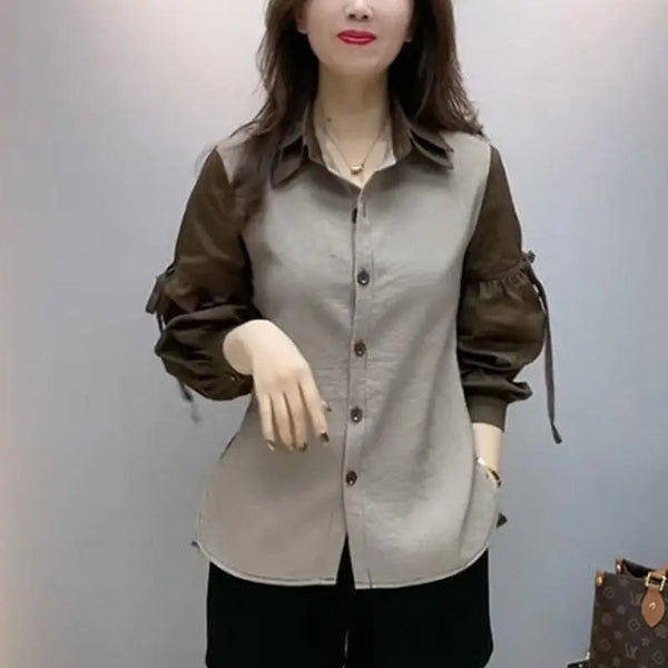 Lace Up Bow Blouse Women Colorblock Button Shirt Long Sleeve Top