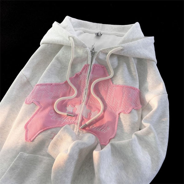 American Retro Star Patch Zipper Hoodies Cardigan for Women
