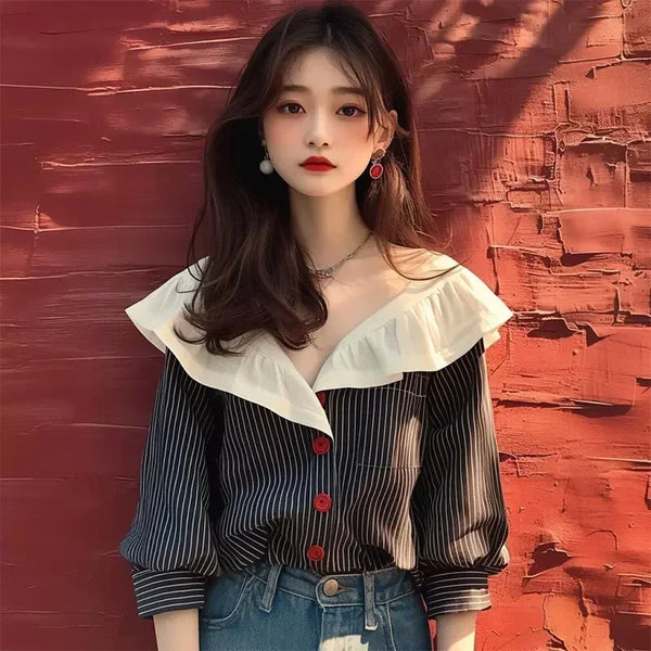 Vintage Women's Shirts Chiffon Striped Women