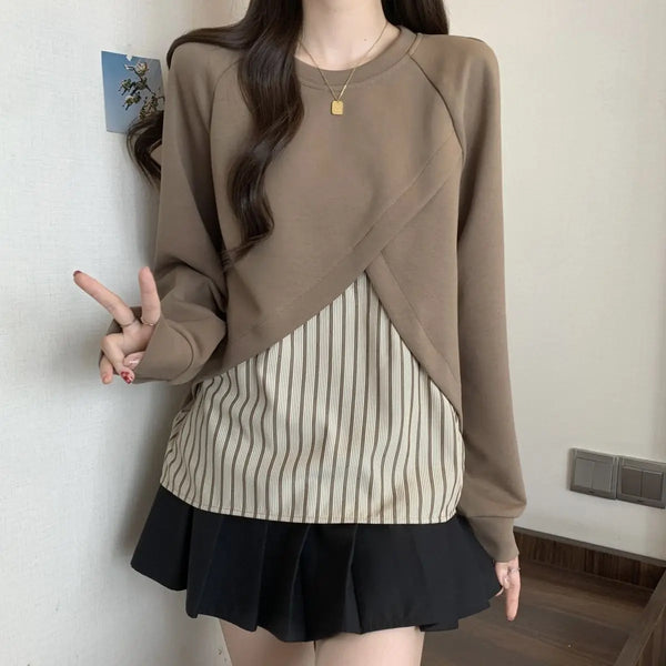 Plus Size Layered Look Striped Top Women Loose Slimming Blouse