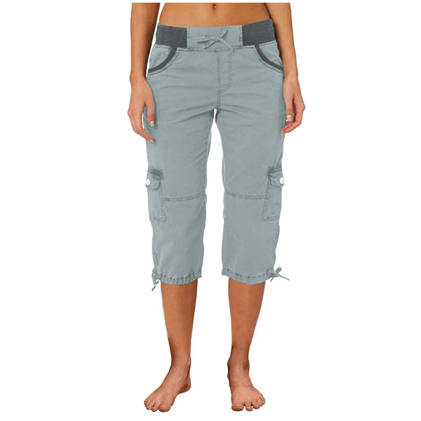 Women Cargo Capris Summer Soild Casual Pants With Pocket Drawstring