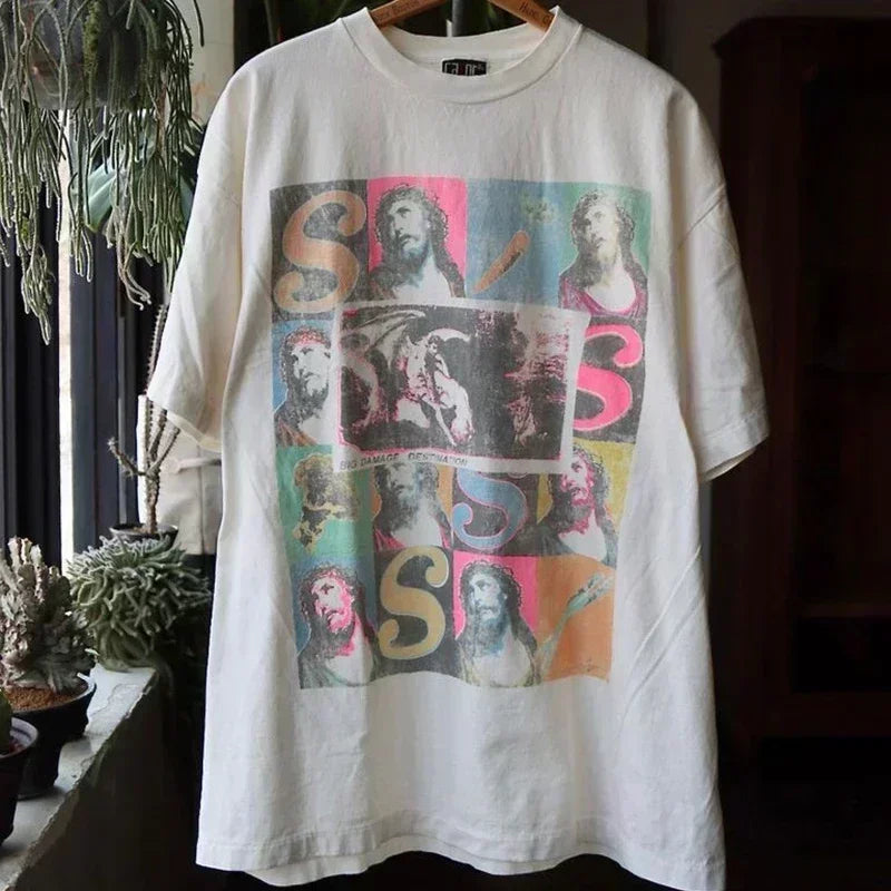 25SS Vintage Grey Saint T-Shirt Streetwear Character Logo Print Cotton