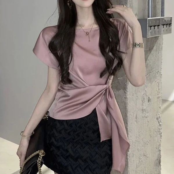 Asymmetric Lace Up Blouse Women Office Short Sleeve Designer Top